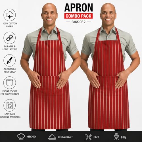 Image of 100% Cotton Cooking kitchen Apron for Women and Men chef apron With adjustable neckstrap and ties with center pocket with strong and durable cotton apron