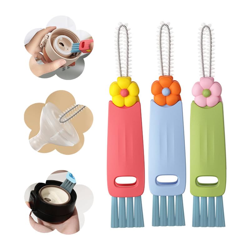 Moonboat 3 in 1 Cup Lid Cleaning Brush, 2024 New Portable Crevice Cleaning Brush Set for Baby Bottle Gap Tight Spaces Cup, Rotatable Cup Lid Cleaner