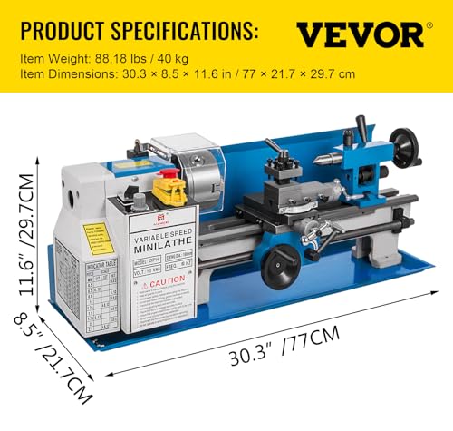 VEVOR Metal Lathe 7x14inch Precision Bench Top Mini Metal Lathe 550W Precision Metal Lathe Variable Speed 50-2500 RPM Nylon Gear with A Movable Lamp