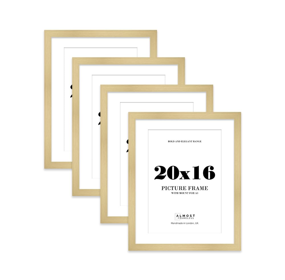 20x16 Gold Frame With Mount for A3 Pictures 28mm Edge Portrait and Landscape Display with Wall Hooks, 4 Pack