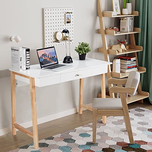 GOPLUS Bureau met lade, werktafel met massief houten poten, make-uptafel zonder spiegel, Scandinavische stijl, voor werkkamer, kinderkamer, belastbaar tot 50 kg, kleurkeuze - Afbeelding 3