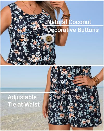 Image of Women Romper Swimsuit - One Piece Bathing Suit with Shorts with Pockets | Built-in brief, Modest, Boyleg, Padded bra, Drawstring, Full lining, Ribbed