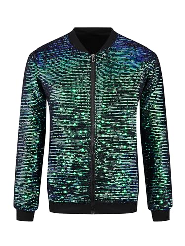 Image of Lars Amadeus Green Sequin Jacket for Men's Zipper Long Sleeves Party Disco Shiny Bomber Jacket Large Green