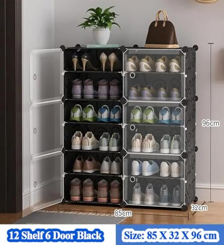 Image of Plastic Shoe Rack for Home with Door | 12-Shelf DIY Shoe Cabinet Organiser | Stores 24 Pairs | Foldable & Waterproof Shoe Stand for Entryway, Bedroom