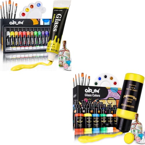 Colorful 14 Fabric +12 Glass Paint Set, Waterproof Permanent Painting Kit for Arts on Wine Glasses,Bottle and Windows