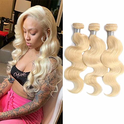 VIOLET HAIR 613 Blonde Bundles Closure Brazilian Body Wave 3 Bundles Human Hair Weave Double Weft in Golden Blond Hair Extensions(10 10 10 inch，613 Blonde Color)