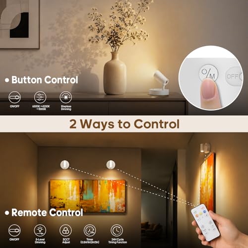 Image of GOODEA Spotlights Indoor with Remote, 5500mAh Rechargeable Battery Plant Spotlight Indoor, Wireless Uplighting with 3 Colors & 24H Cycle Timer, Picture Light for Painting(2 Pack 5500mAh, White)