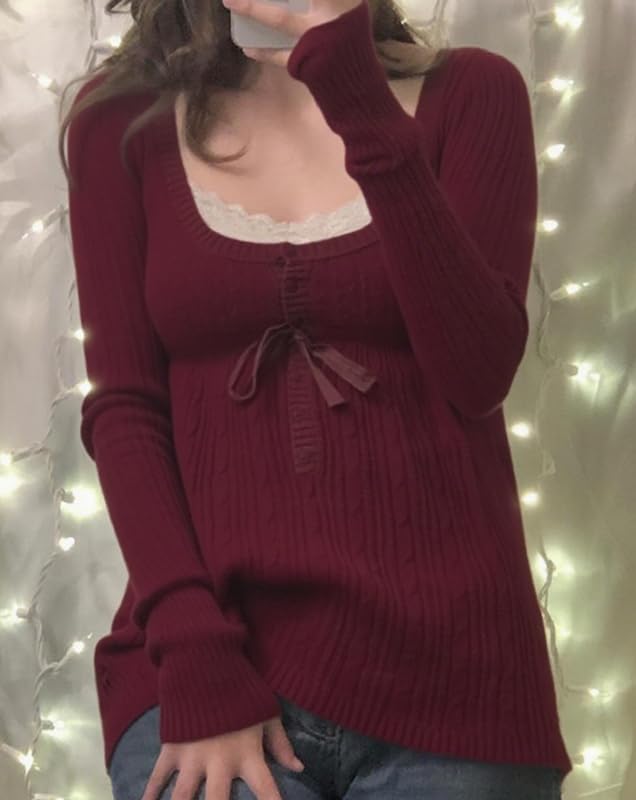 Women Y2K Fairy Grunge Long Sleeve Sweater Aesthetic Button Up Babydoll Knit Tops Square Neck Harajuku Tunic Knitwear4