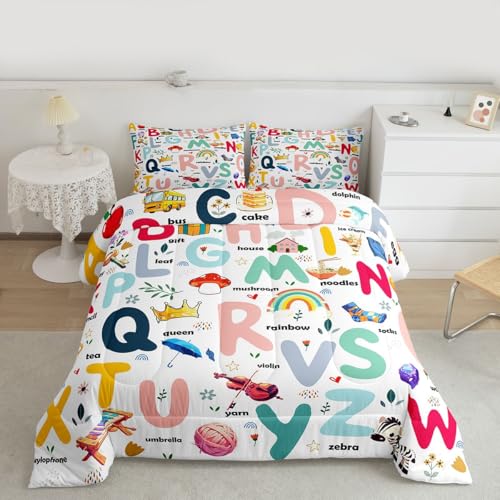 Image of Feelyou Cartoon Alphabet Comforter Set Twin, ABC Alphabet Bedding Set for Kids Cute Educational Alphabet Comforter Learning Educational Duvet Set 2Pcs