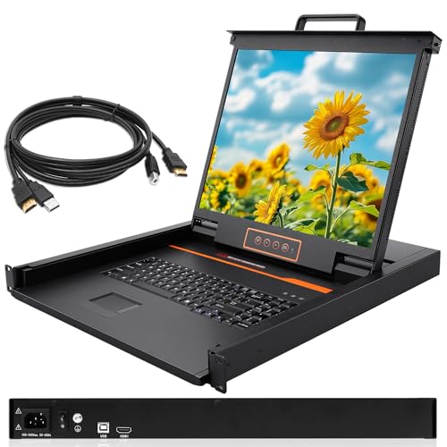 Image of 1U Rack Mount KVM Console-19'' Rackmount Monitor Keyboard and Single Port HDMI KVM, 50,000 MTBF,1280X1024 60Hz,17.6x19.9x1.67 Inches(WXDXH),Fit 1U 19'' Rack, 1 USB HDMI Cable,1 Power Cord, 4 Brackets