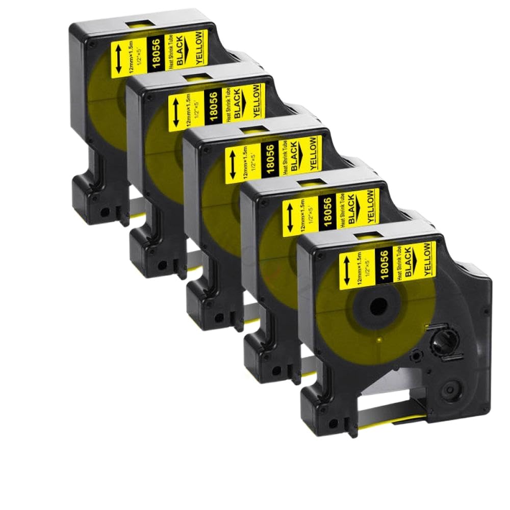 Cinta de Etiquetas de Tubo termorretráctil, 5 Unidades, 18055, 18053, 18056, Compatible con rotuladora 5200, 6000, 4200, 6500, 18051, 18054(5PK Black on Yellow)