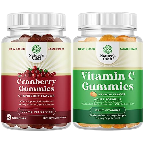 Bundle Of Natural Cranberry Gummies For Women And Men And Chewable Vitamin C Gummies For Adults - Extra Strength Delicious Antioxidant Cranberry Chews - Immune Booster And Natural Cold Remedy #TOP24