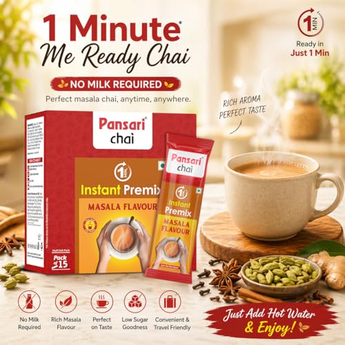 Image of Pansari Instant Tea Premix Masala Chai - Pansari Instant Masala Tea Powder | 15 Sachets x 14g | Desi Chai Premix | Just Add Hot Water | Ready in 1 Minute | Low Sugar | No Milk Required