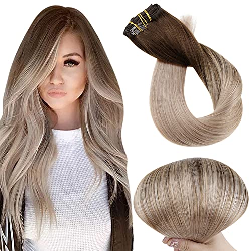 Full Shine 18 Inch Clip in Real Hair Extensions Color 4 Fading to 18 Ash Blonde Balayage Ombre Clip in Hair Extensions Human Hair 100 Gram 5Pcs Remy Balayage Extensions Clip In Extensions