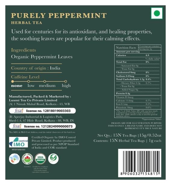 Image of Luxmi Estates Pure Peppermint Tea, 25 Tea Bags (50g, 1.76oz) | USDA Organic Single-Ingredient Whole Leaf Peppermint | Caffeine-Free Herbal Infusion for Digestion, Refreshment & After-Dinner Sipping, Vegan & Non-GMO