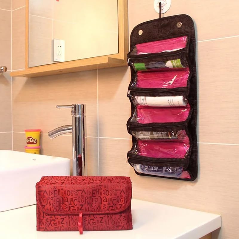 Beauty Case a 4 Strati Arrotolabile, Astuccio per Cosmetici e Trucco di Grande capacità, Borsa da Viaggio Pieghevole con Gancio per appenderlo.
