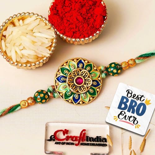 Image of eCraftIndia Pack of 100 Multicolor Flower Designer Rakhi for Brother Bhai Bhaiya | 100 Best Bro Ever Fridge Magnets Gift Combo Set | Roli Chawal Pack | Raksha Bandhan Floral Rakhi Collection