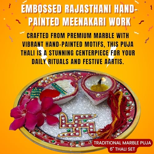 Marble Pooja Thali with Meenakari Work – 6 Inch Decorative Thali, Diya, Roli-Chandan Holder, Kalawa Set for Mandir Aarti, Grih Pravesh, Diwali & Festival Gift (6inch) — photo — 4 of 9