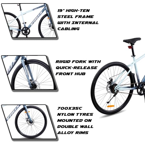 Image of Vaux City-Pro Single Speed Hybrid Cycle for Men, 19 inch HI-Ten Steel Frame, Dual Disc Brake, 700x35C Tyres, Double-Wall Alloy Rims, City Bike(Nardo-Grey, Single Speed, Rigid Fork)