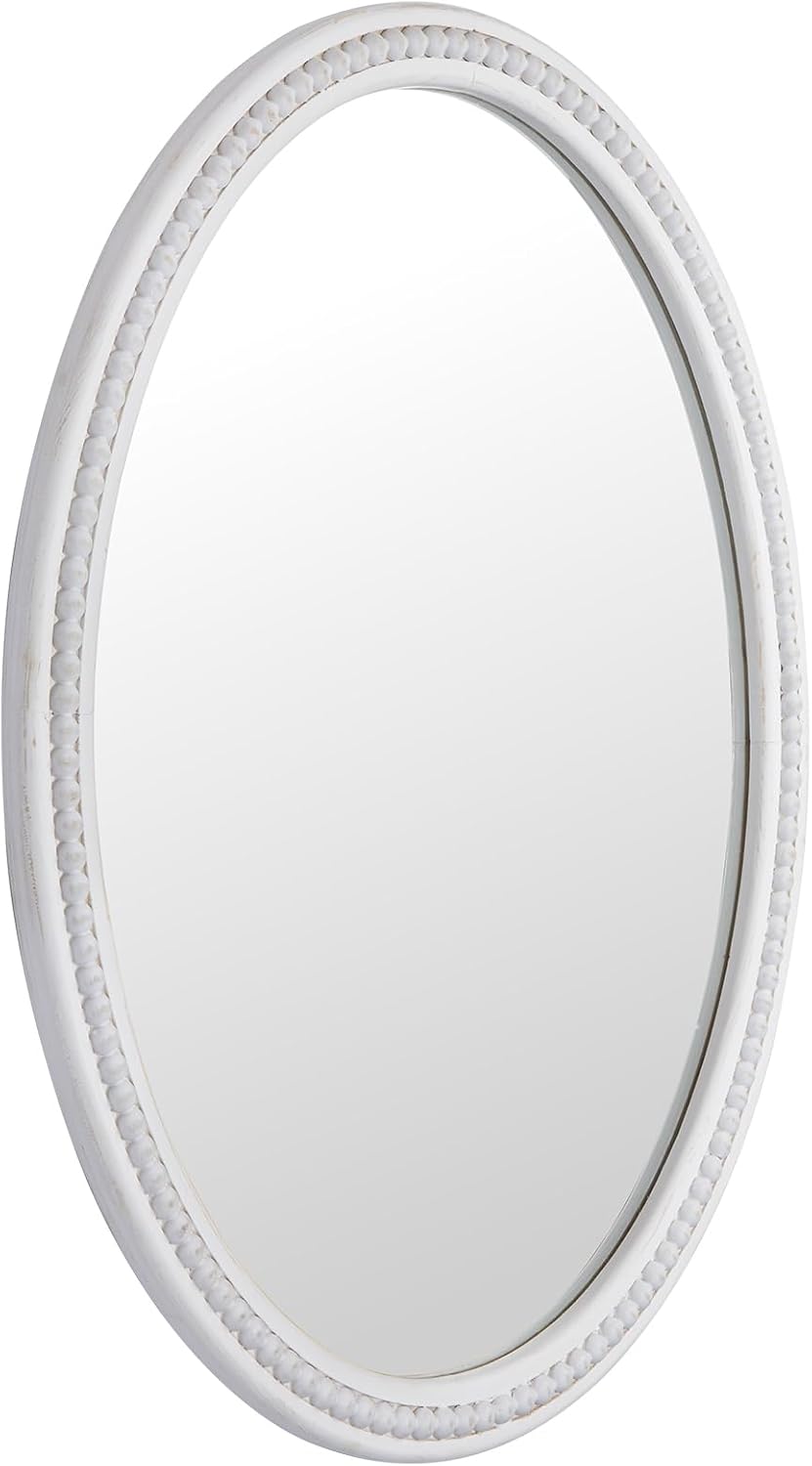 24" x 32" Wall Mount Wood Beaded Frame Oval Mirror, White Real Glass Modern Farmhouse Decorative Mirror for Bathroom Vanity, Entryway, Bedroom