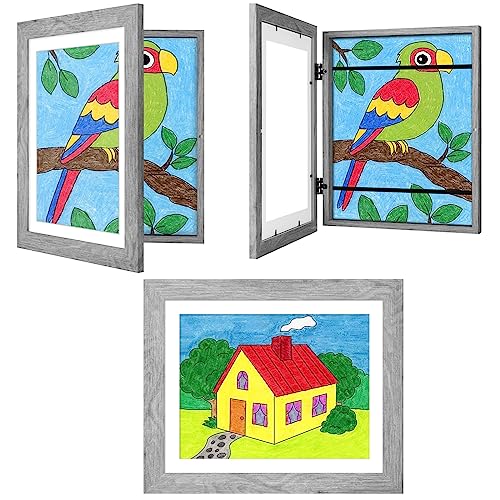 Image of 3Pack Kids Art Frames Gray Woodgrain, 10x12.5 Child Art Frame Without Mat Changeable Front Opening, 8.5x11 Frame With Mat, Children Storage Frame Holds Crafts, Drawing, Art Project, Schoolwork