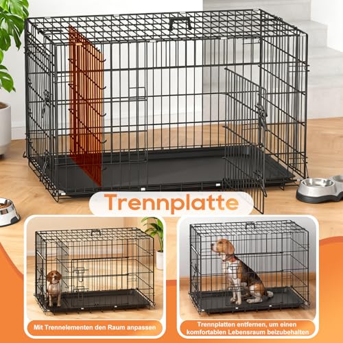 BestOffice Hundekäfig, klappbar, mit 2 Türen, ausziehbar Kunststofftablett und Griff, Hundetransportbox für Reisen, 107x69x76cm, XL, Transportbox- Haustiere, Innen und Außenbereich, Schwarz