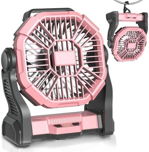 Ventilador de camping recargable, ventilador de campamento inalámbrico con linterna LED, gancho para colgar, rotación de 270, 20000 mAh funciona con