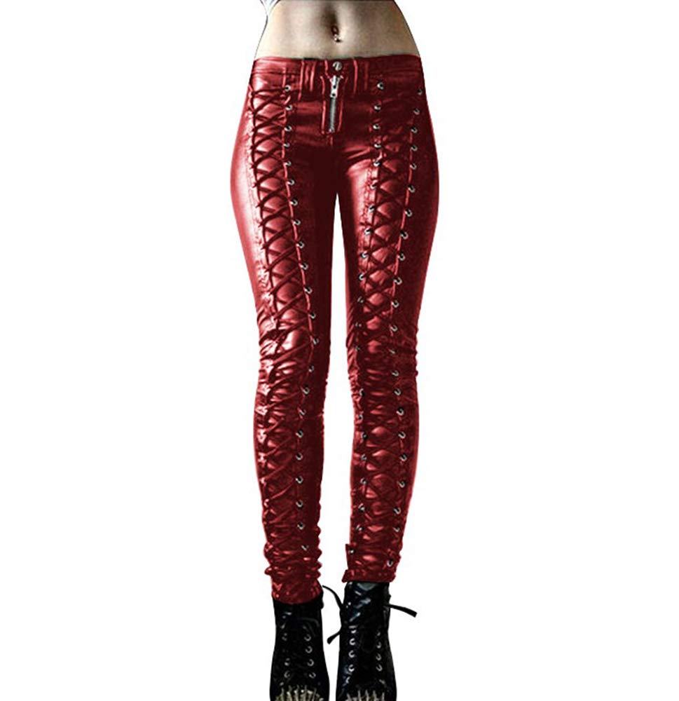 Keepmore Women's Red Gothic Punk Bandage Leather Trousers Fashion Skinny Leather Pants