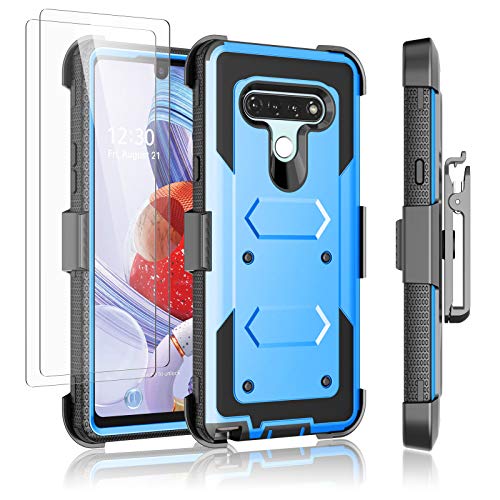 Njjex LG Stylo 6 Case, LG Stylo 6 Phone Case with Tempered Glass Screen Protector [2 Pack], [Nbeck] Shockproof Heavy Duty Locking Swivel Holster Belt Clip Kickstand Rugged Hard Cover [Blue]