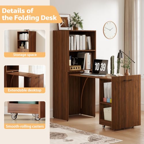 Image of Zevemomo Folding Desk, Convertible Table with Shelves & Wheels - Walnut | Folding Desk with Storage, Craft Cabinet with Fold Out Table, Compact Computer Desk for Small Space, Reversible L Shaped Desk