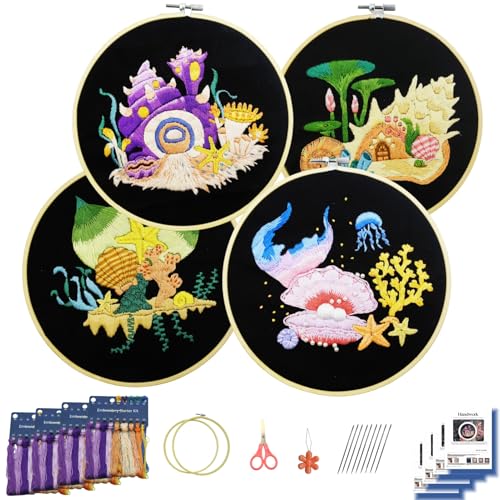 Image of Speedura 4-Set Embroidery Kit for Beginners - Easy Needlepoint Starter Kit for Adults to Learn Hand Embroidery with Stamped Designs, Cross Stitch Patterns, and Fun DIY Projects (Oceanic Treasures)