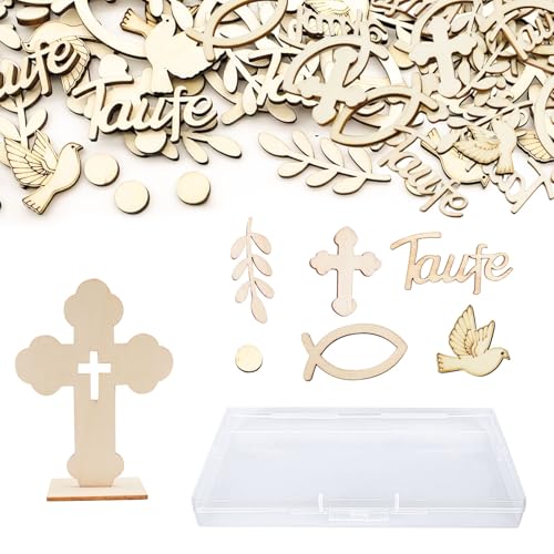 Pamtns 101 Pièces Décoration de Table Confettis en Bois pour Baptême, Communion, Confirmation - Forme Colombe, Croix, Poissons