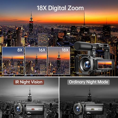 8K Video Camera Camcorder 88MP UHD WiFi Vlogging Cameras for YouTube 18X Digital Zoom IR Night Vision 3.0''Touch Screen Camera with 32GB Card, Microphone, Stabilizer, Lens Hood, Remote, Batteries - Image 4