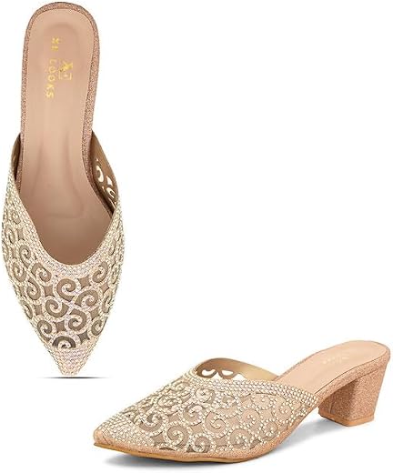 XE Looks Women's Embellished Block Heel Mules | Pointed Toe Slip-On with Intricate Rhinestone Design | Stylish, Fancy &amp; Ch...