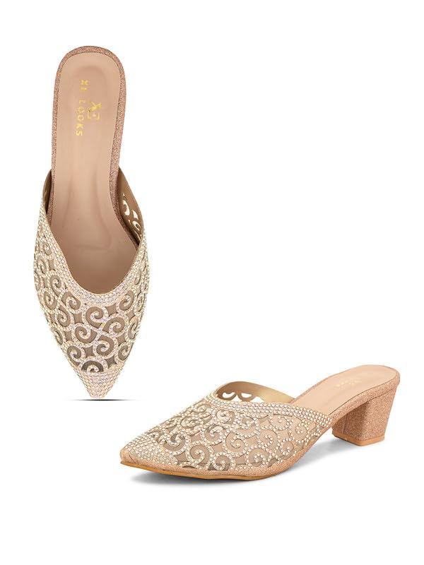 XE Looks Women's Embellished Block Heel Mules | Pointed Toe Slip-On with Intricate Rhinestone Design | Stylish, Fancy & Ch... - Review, Price and Buying Guide
