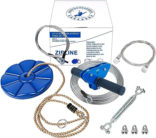 CTSC Zipline, Zip wire kit for garden, zip line kits with 1.8m Stainless Steel Spring Brake and zip line pulley For home zipline (39m Blue)