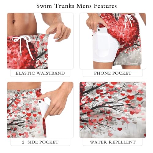 Mens Swim Trunks with Liner, Tree Heart Red Cool Quick Dry Beach Swim Shorts, Swimwear Bathing Suits S3