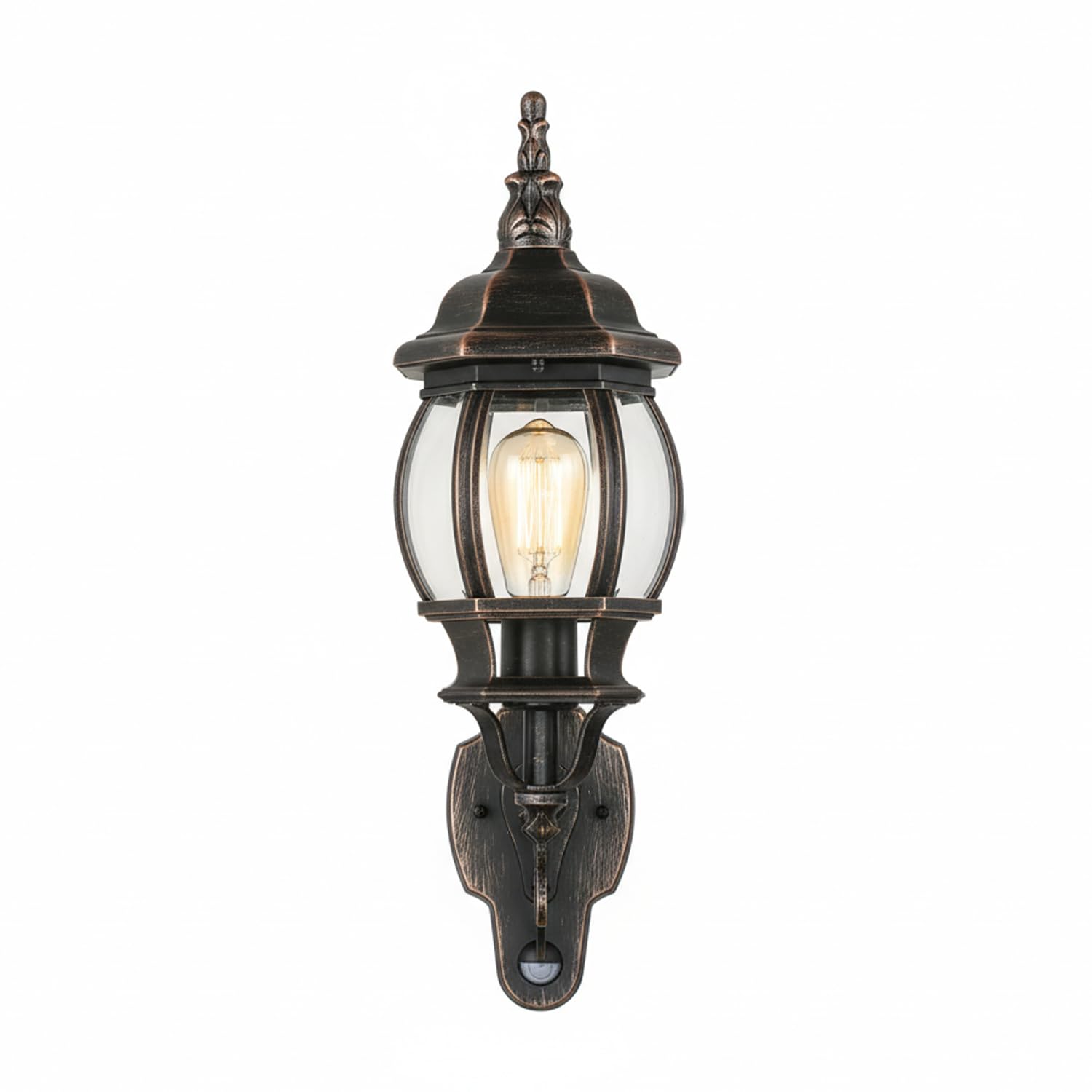 Licht-Erlebnisse Außenlaterne Wand mit Bewegungsmelder H: 54 cm IP23 in Kupfer Antik E27 Rustikal Glas Aluminium Wandleuchte außen Laterne Terrassenlampe