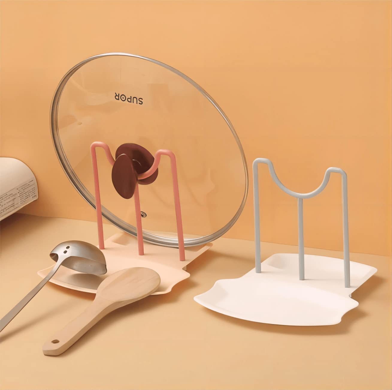 Jinjuhomee2 PCS Lid and Spoon Rest Pan Pot Cover Lid Rack Stand Spoon Rest Stove Organizer Storage Soup Spoon Holder for Home Kitchen and Bar Tools (White)