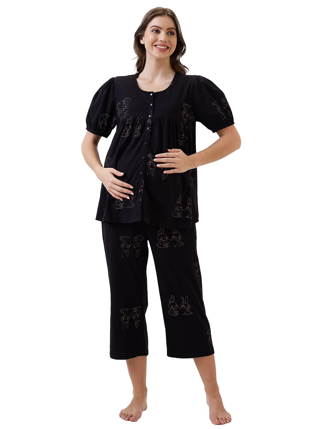 av2 Women's Cotton Printed Maternity & Feeding Night Suit Set of Top & Relaxed Capri Nursing Night Dress -2123-picture-15