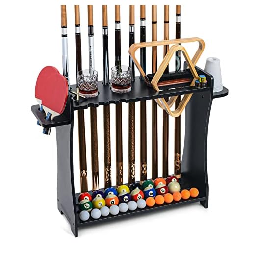 XCSOURCE Pool Stick Holder Floor Stand, 2-IN-1 Pool Cue Rack & Ping Pong Paddle Holder, 100% Solid Wood Holds 9 Cues Full Set of Balls, Billiards and Table Tennis Accessories for Man Cave, Game Room