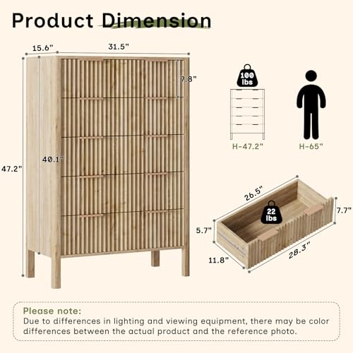 Image of 47 inch Tall Dressers for Bedroom Fluted 5 Drawer Dresser, Wooden Dresser Modern Chest of Drawers Dressers with Organizer Storage for Bedroom, Living Room, Entryway, Oak