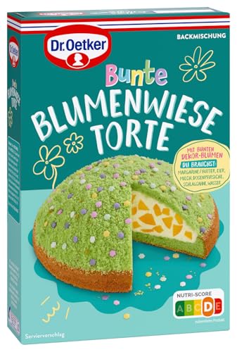 Dr. Oetker Bunte Blumenwiese-Torte: Backmischung für einen frühlingshaften Maulwurfkuchen mit Pfirsichen und Zucker-Dekor-Blumen, 337g