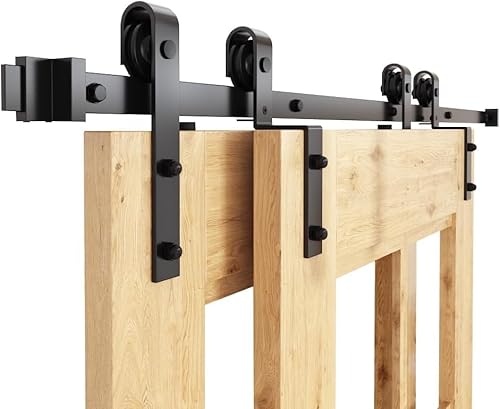 WINSOON 150CM/5FT Schiebetür Komplettset Bypass Doppeltür Schiebetürschiene Schiebetür, Schwarz Schiebetürbeschlag für Doppeltür 76 cm, Keine Tür