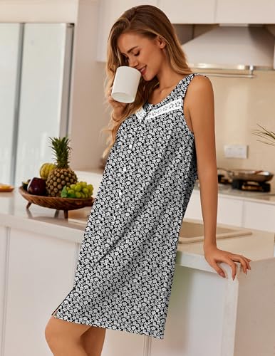 Image of Ekouaer Nightgowns for Women Button Up Sleepshirt Tank Sleeveless Nightshirt Soft Sleepwear with Pockets S-XXXL