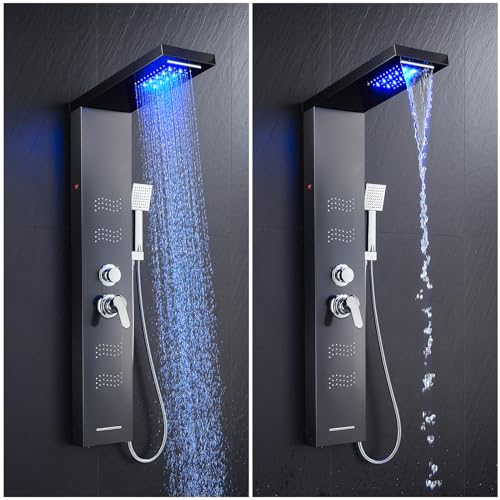 TSIBOMU Stainless Steel Shower Panel Tower System with LED Lights, 5 in 1 Shower Panel with Rainfall Waterfall Shower Head, Body Spray, Handheld Shower, Tub Spout (Black) by TSIBOMU - Image 3