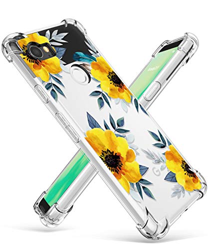 GVIEWIN Compatible for Google Pixel 2 XL Case, Flower Pattern Design with Shockproof Corner, Ultra Slim TPU Bumper Protective Cover Case(2017) (Sunflowers/Yellow)