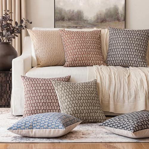 Image of Foindtower Set of 2 Decorative Vintage Floral Print Throw Pillow Covers Neutral Modern Farmhouse Cushion Covers Boho Home Decor for Sofa Couch Chair Bedroom Living Room,24x24 Inch,Rustic Gray