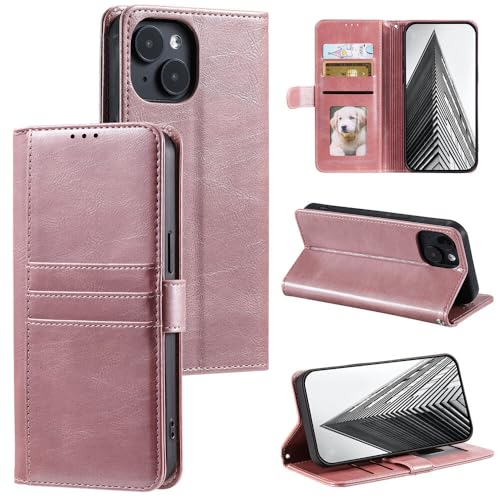 Étui iPhone 15 Plus rose gold à rabat en cuir avec porte-cartes sécurisé