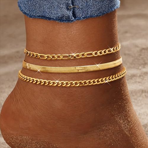 Image of LOYALLOOK Ankle Bracelets for Women Waterproof, 14K Gold Plated Cuban Figaro Link Chain Anklets Non Tarnish, Dainty Layered Anklet Bracelets Adjustable Summer Beach Foot Jewelry
